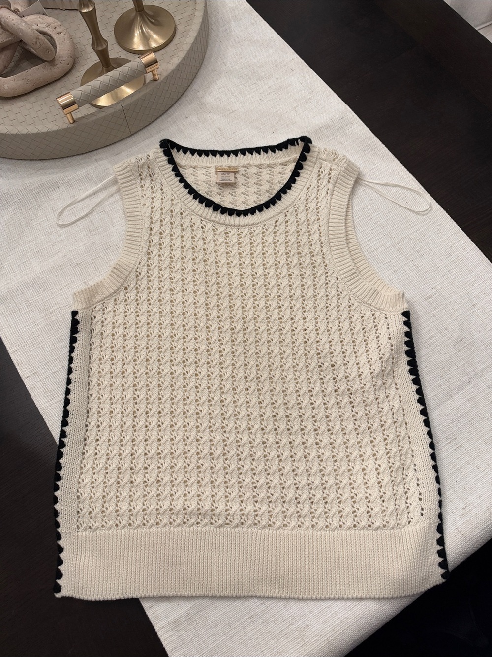 NEW Ivory Knit Sleeveless Sweater Vest with Black Trim